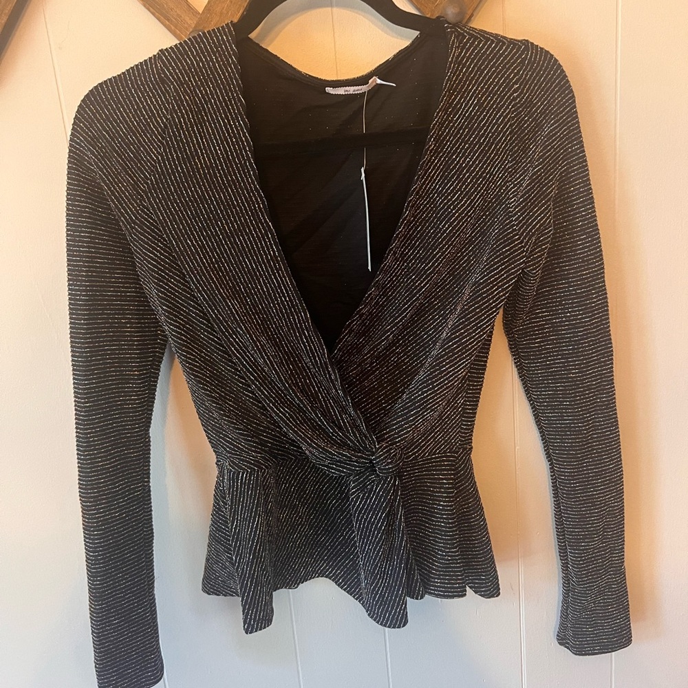 Bonnie Glitter surplice knit blouse; Francesca’s gold and silver glitter